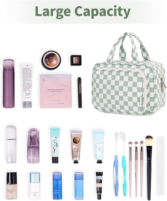 Narwey Large Travel Toiletry Bag for Traveling Women, Cosmetic Makeup Bag Make Up Organizer, Checkered Travel Bag for Toiletries with Handle (Mint Green Checkerboard)