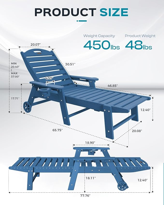 Ciokea Lounge Chair Outdoor, Oversized Chaise Lounge Chair with 5 Positions, HDPE, Patio Lounge Chair with Wheels & Cup Holder for Pool, Deck, Poolside, Azure Blue