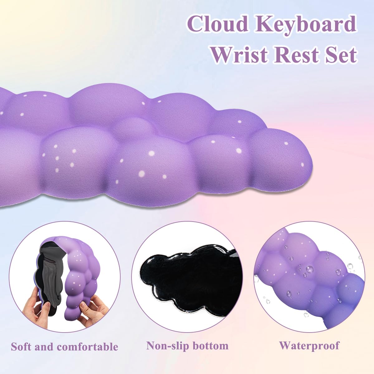 Gaming Desk Mat with Keyboard Wrist Rest Set, 4 in 1 Large Mouse Pad & Cloud Keyboard Wrist Rest& Mouse Wrist Rest&Coaster, Comfort and Support for Typing and Gaming(Purple Starry Night)