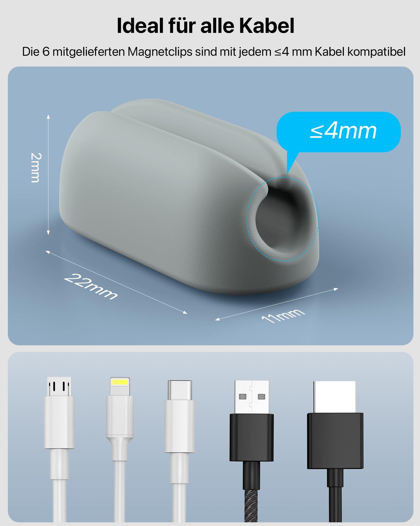Cable Management, Magnetic Cord Organizer, Desk Cord Holder Wire Keeper with 6 Magnetic Cable Clips, Charger Cord Management for Home Office, Lightning/USB C/Micro Cable, White
