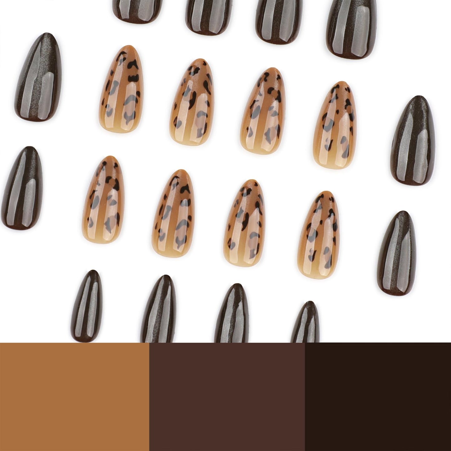 Mivota Brown Leopard Press On Nails Almond Long, 24PCS Glossy Brown Fake Nails, Leopard Print Stick On Nails for Women, Reusable Soft Gel Press on Nails, Acrylic Look Artificial Nails for Daily Wear