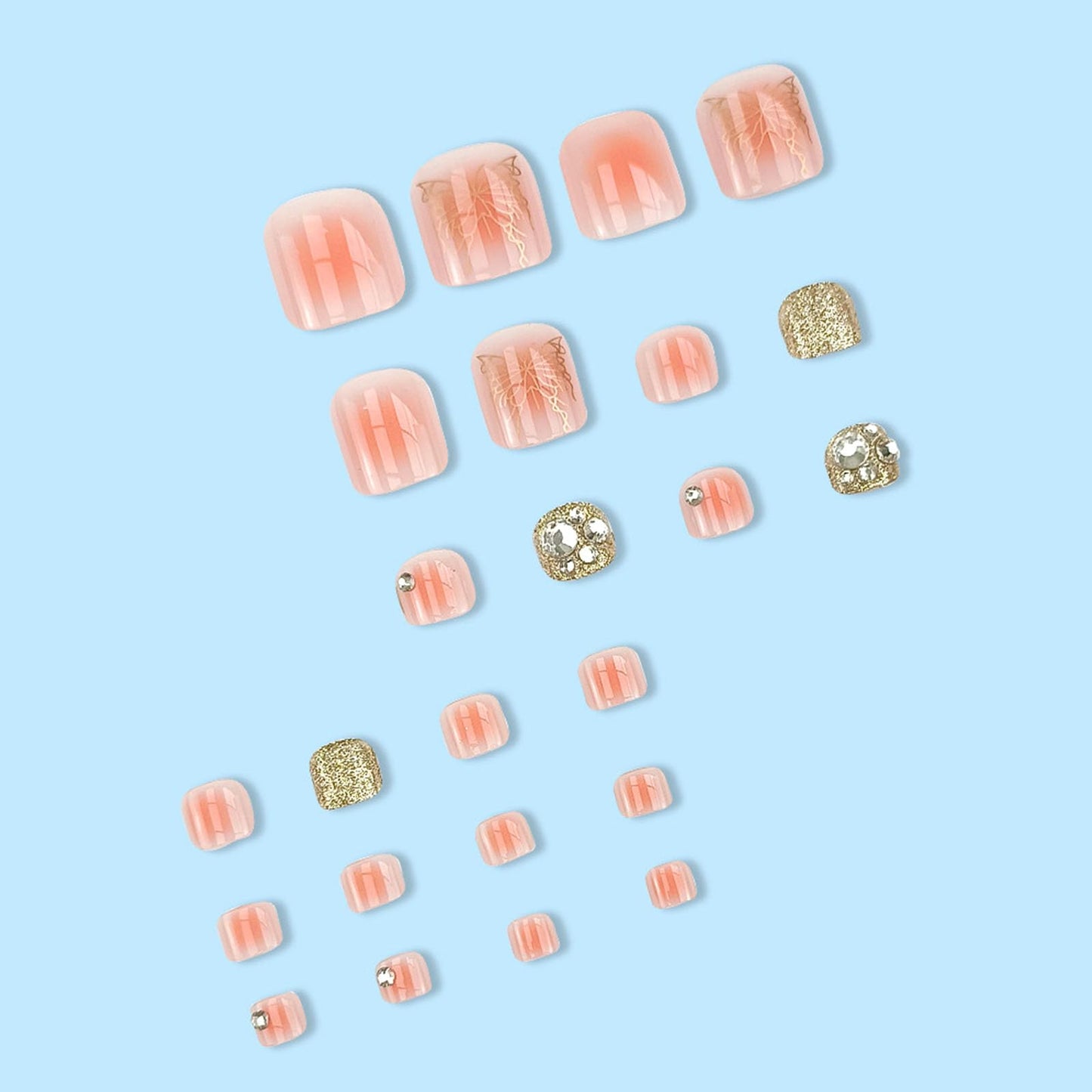 Spring Press on Toenails Nude Gradient Fake Toe nails with Gold Butterfly Glitter Designs Glossy Short Square Toe nails Press ons Acrylic Stick on Toenails for Women 24Pcs