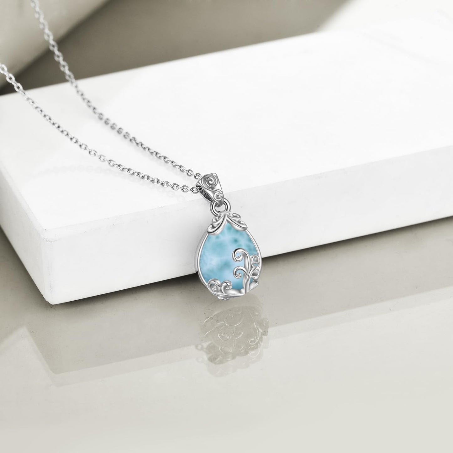 POPLYKE Sterling Silver Larimar Filigree Teardrop Pendant Necklace Gemstone Crystal Jewelry for Women