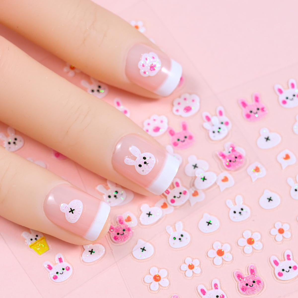 30Sheets Glitter Easter Nail Art Stickers Set 3D Self-Adhesive Nail Decals Cute Bunny Sticker for Nails Art Supplies Cartoon Easter Rabbit Design Manicure Tips Charms for Kids DIY Nail Art Decoration
