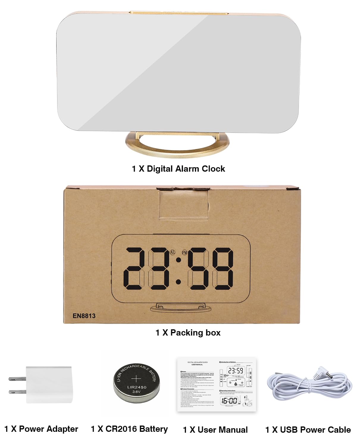 Poeroa Digital Alarm Clock,7 in LED Mirrored Clocks Large Display,with 2 USB Charger Ports,Auto Dim,Night Mode,Modern Desktop Electronic Clocks for Bedroom Home Office Decor - Gold