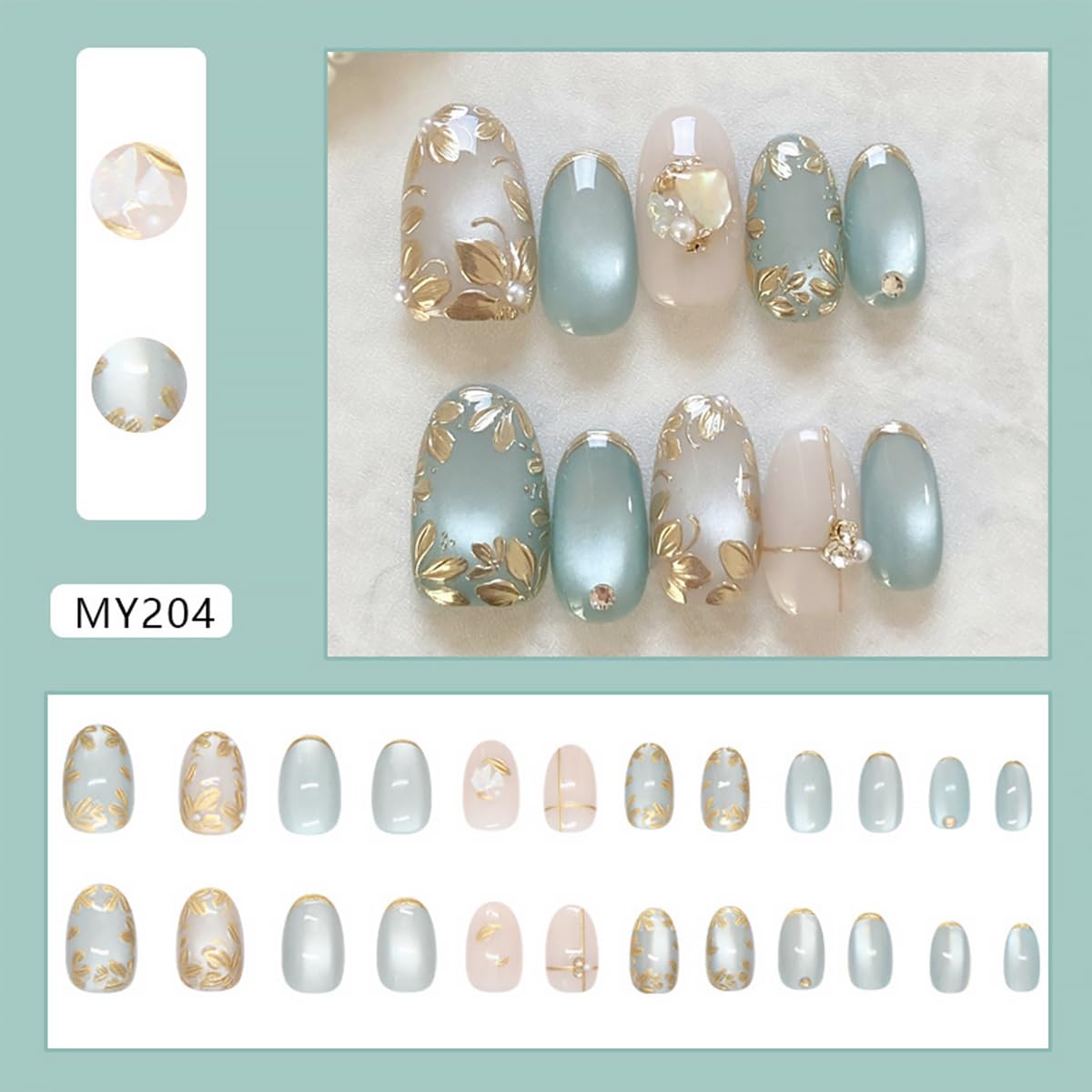 24Pcs Flower Press on Nails Short Almond Fake Nails with 3D Pearl Design Gilding False Nails Gold Glitter Stick on Nails Silver Blue Full Cover Glue on Nails Spring Summer Artificial Nails for Women