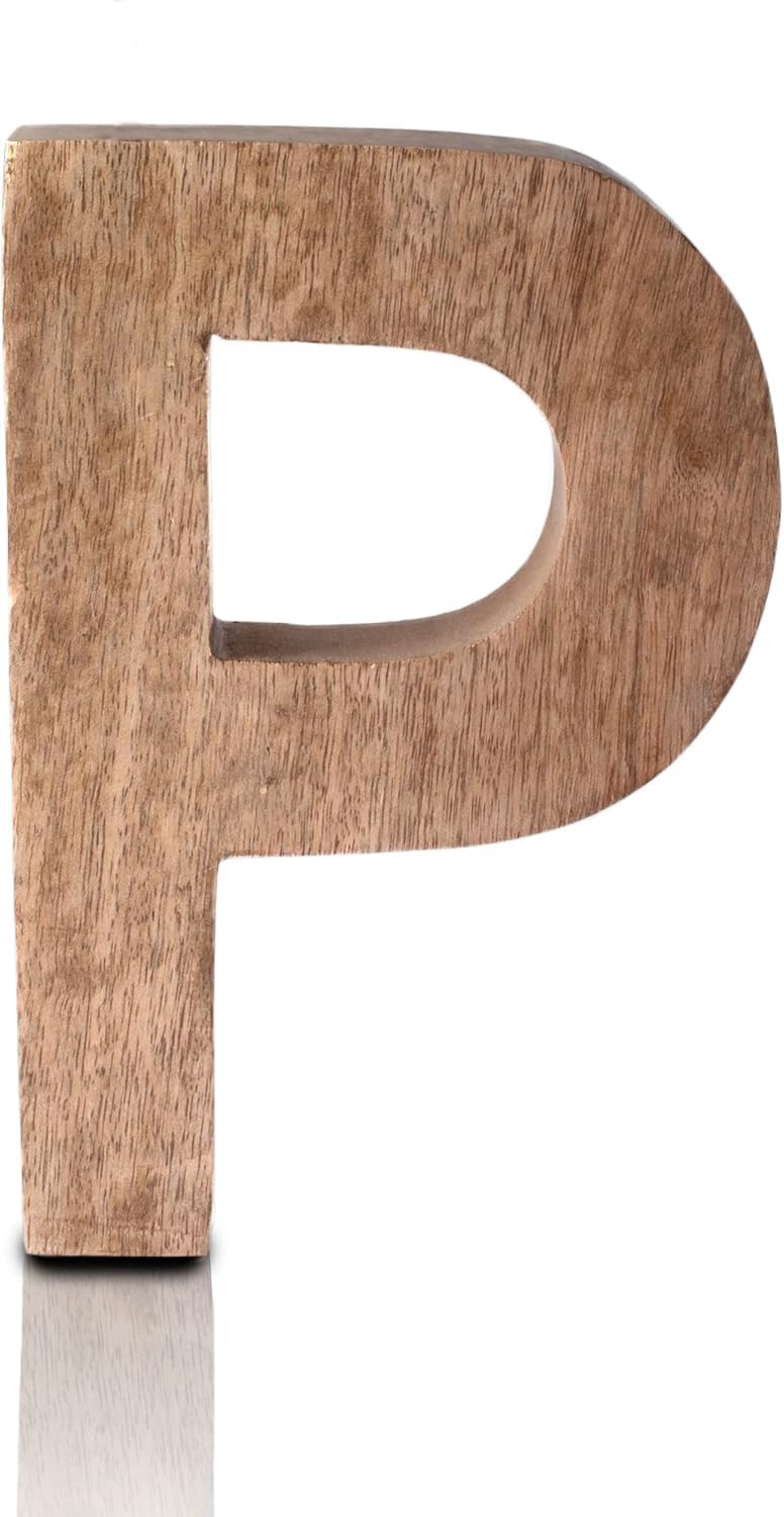 8" Decorative Solid Block Wooden Letters Alphabets Words Natural Finished Wood Freestanding Shelf or Tableware Childrens Baby Names Initials for Bedroom Wedding Birthday Party Home Decor (Letter P)