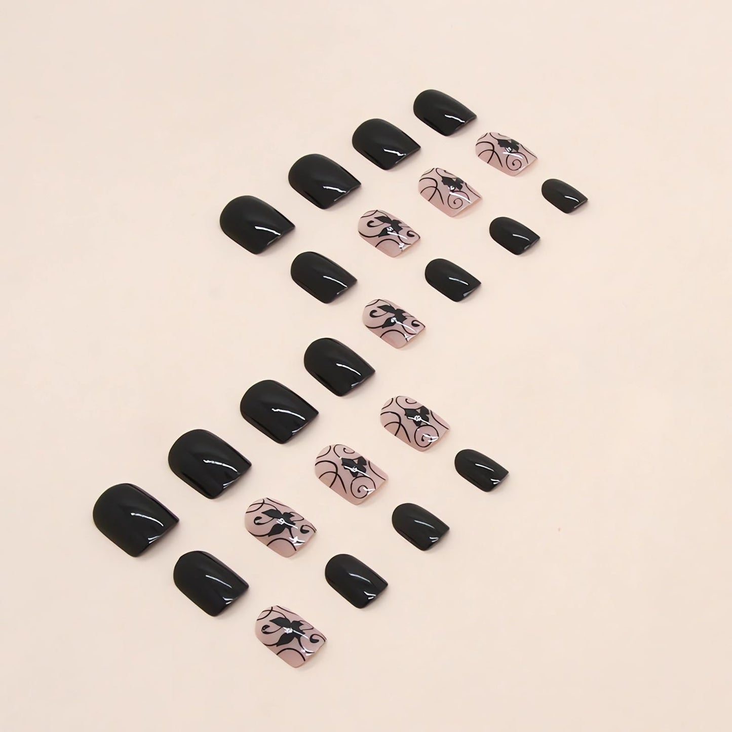 Extra Short Press on Nails Square Black Fake Nails Glossy Acrylic Glue on Nails Butterfly Rhinestone Designs Gel Nails Press ons Cute Stick on Nails for Women Manicure Tips Decorations 24Pcs