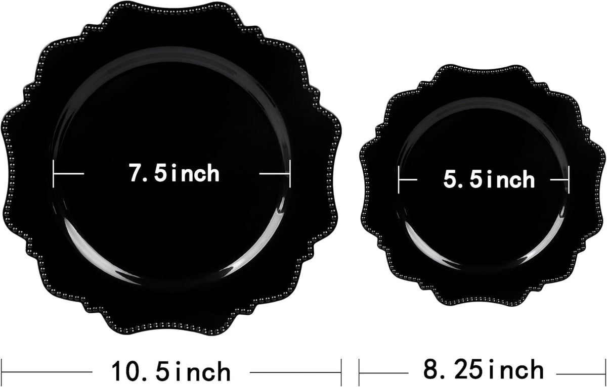 COLOSUS 100pcs Black Plastic Plates - Heavy Duty Black Plastic Plates Disposable for Party/wedding Include 50pcs Dinner Plates and 50pcs Dessert Plates.
