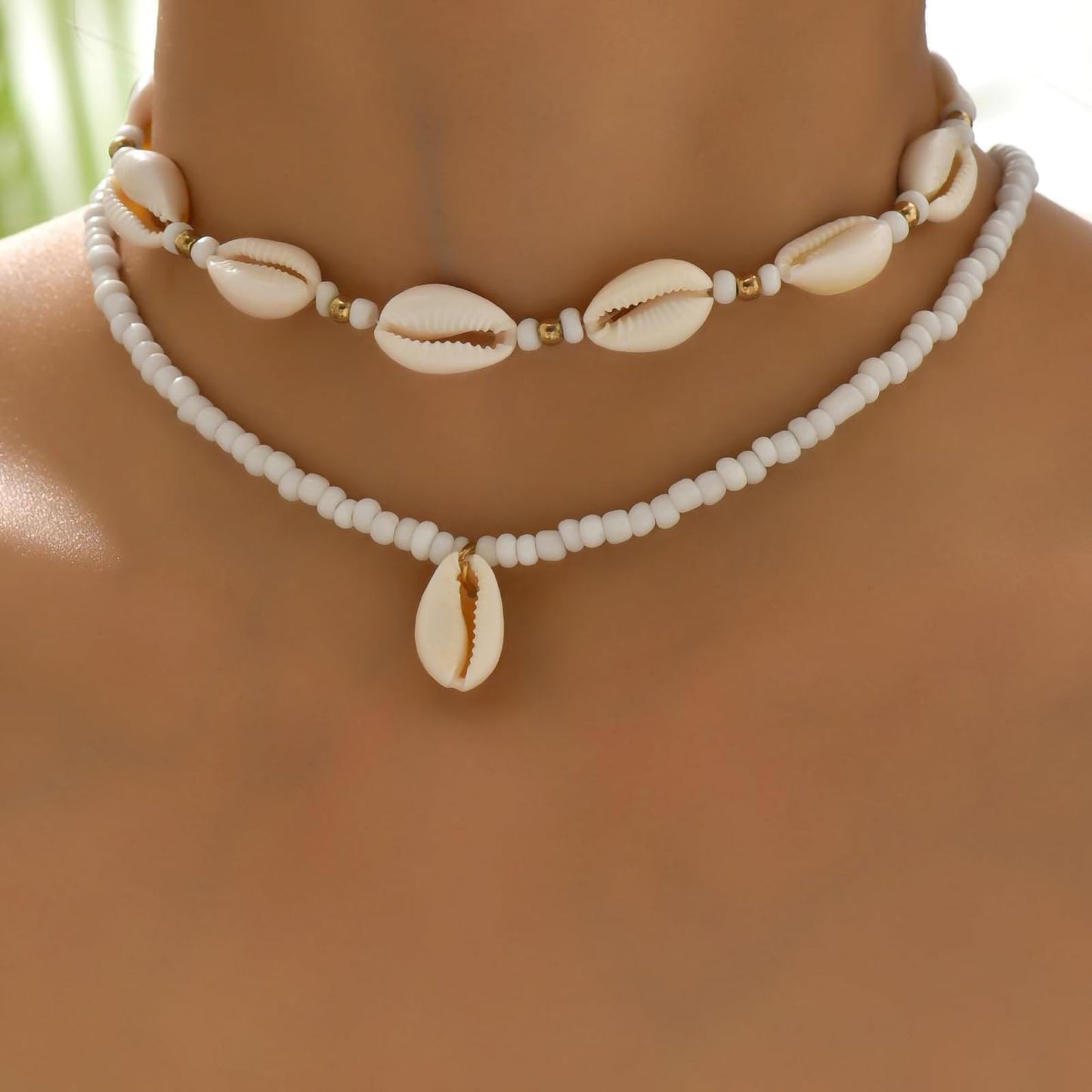 Nackiy Handmade Sea Shell Necklace Choker For Women Summer Adjustable Natural Shell Collar Necklace (Beige Braided Rope) (2 Layered)