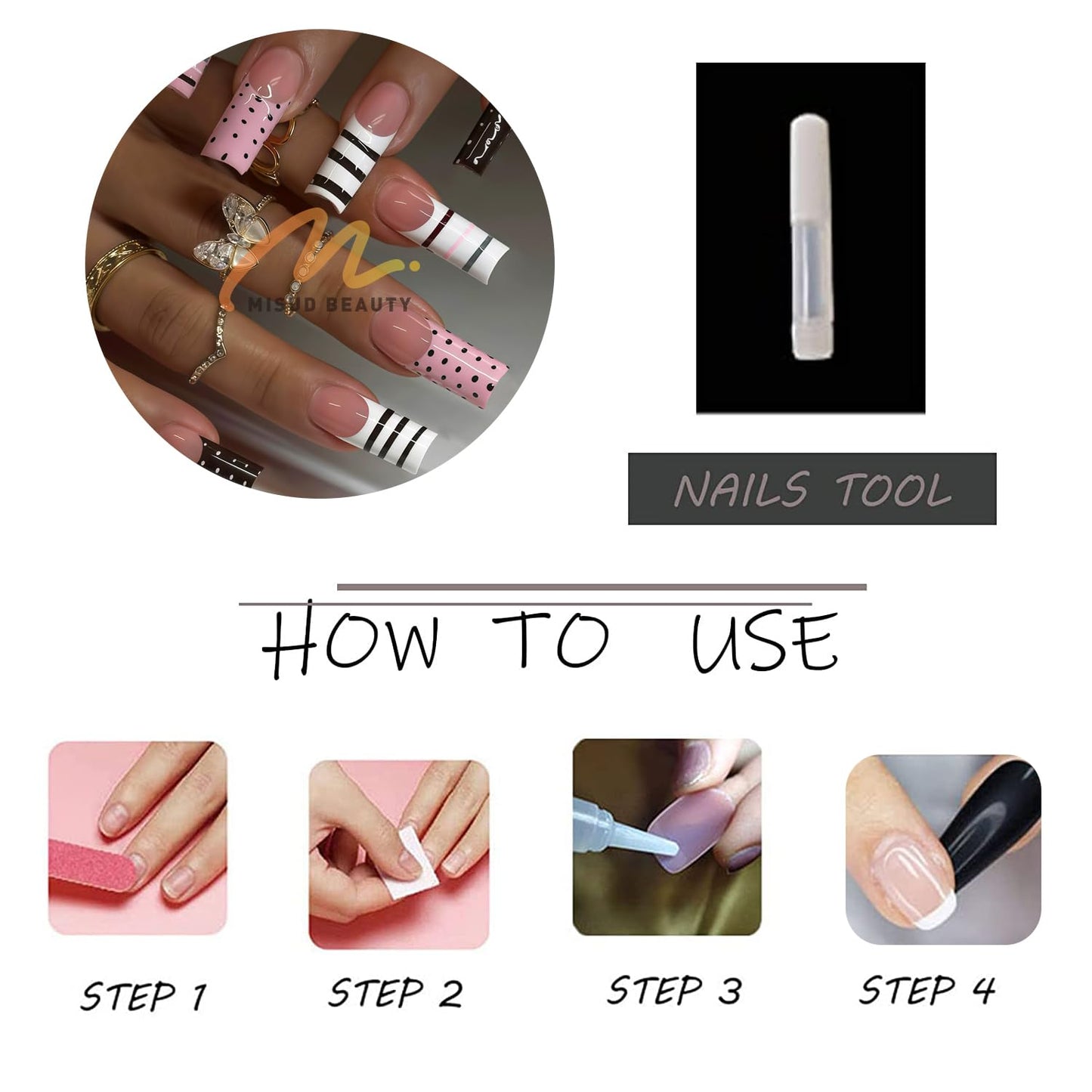 MISUD Press on Nails - Long Square Fake Nails with Pink Black French Tip, Acrylic Polka Dot Stripe Design 24 pcs