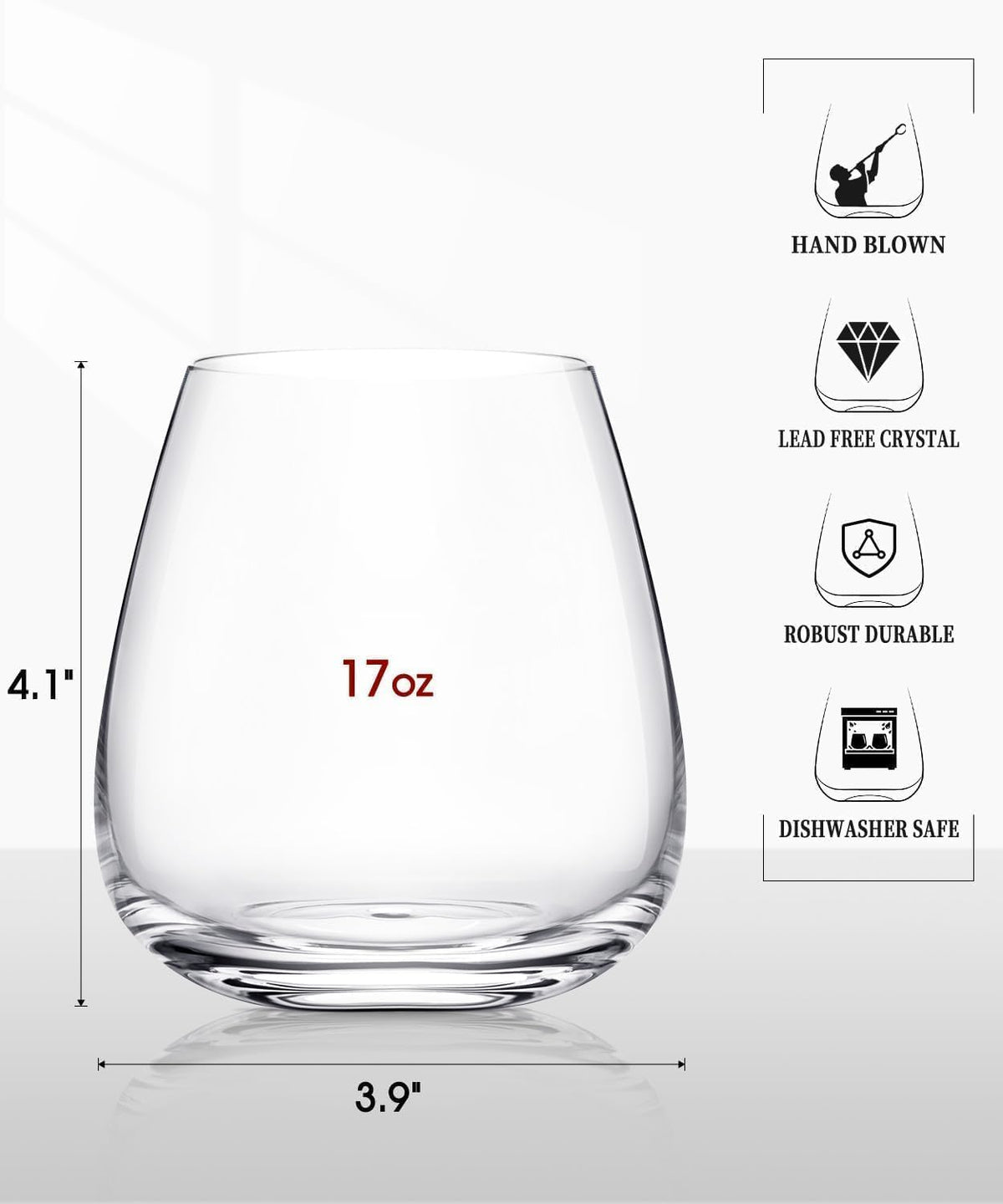 LUNA & MANTHA Stemless Wine Glasses Set of 4(17oz),Hand Blown Crystal for Red & White Wine, Ideal for Daily Use & Special Occasions,|Perfect Gifts for Men, Women