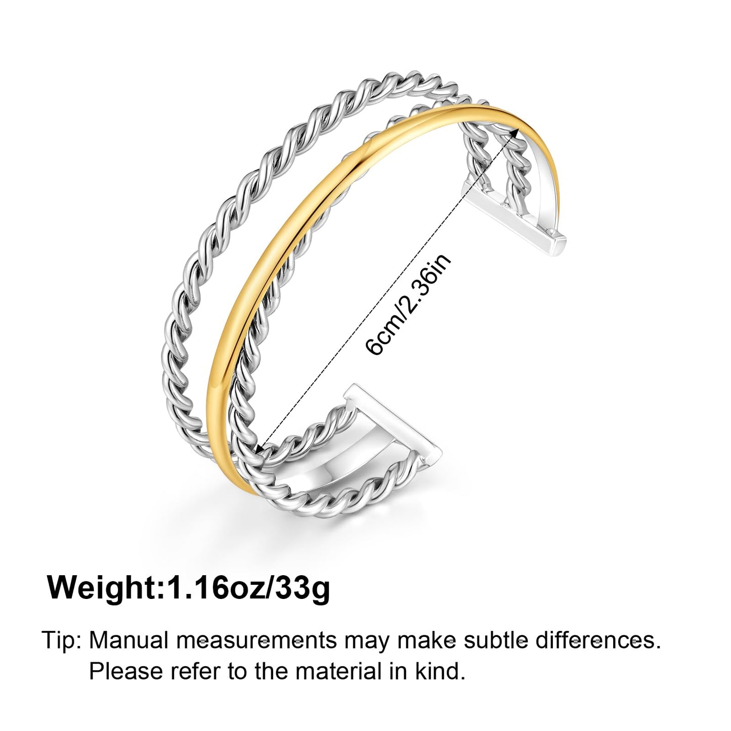 VEDAIM Two Tone Twisted Chain Cuff Bracelet for Women Gold & Silver Mixed Metal Statement Open Bangle Jewelry