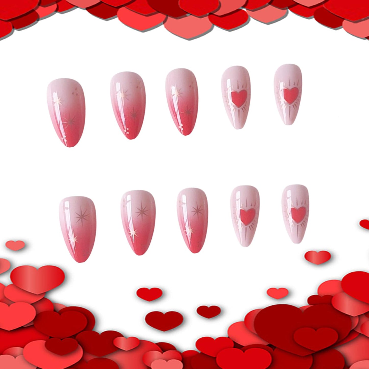 Valentines Press on Nails Medium Artificial Almond Acrylic False Nails Gradient Metal Star Bow Stick on Nail Full Cover Red Love Reusable Coffin Artificial Fingernails for Women Festival Manicure