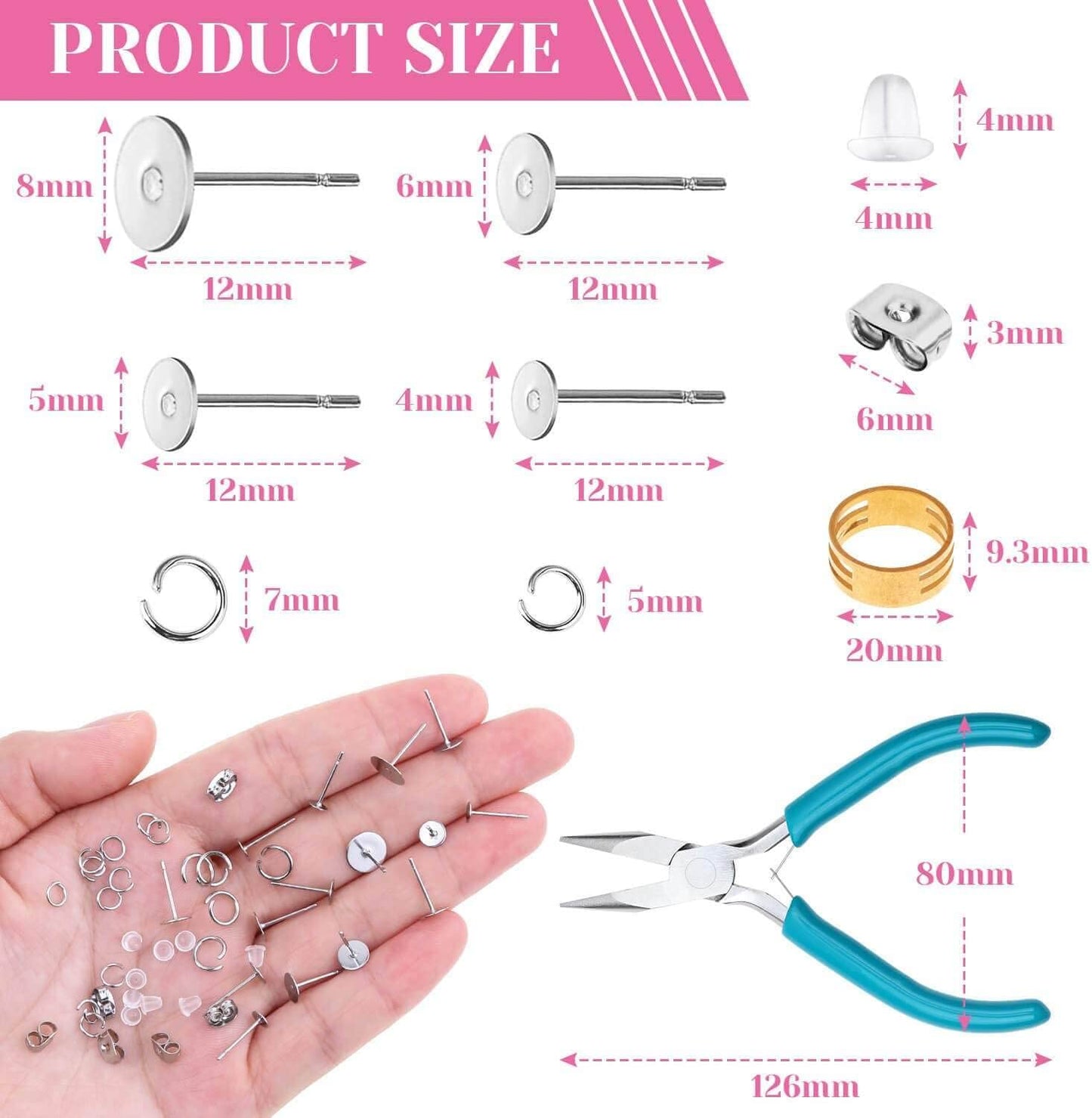 Caffox Hypoallergenic Earring Posts and Backs, 1800pcs Stainless Steel Stud Earring Kit with Earring Base Studs, Earring Backs and Jump Rings for Clay, Resin, Pearls, Jewelry Making and Crafting