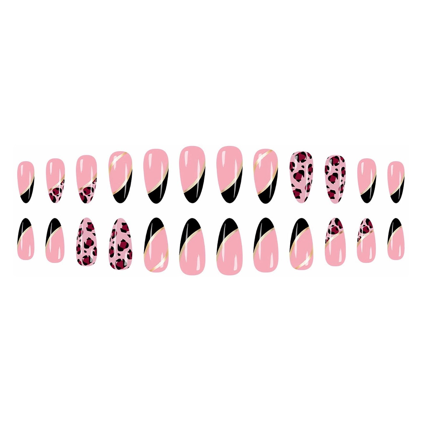 MISUD Press on Nails - Medium Almond Glue on Nails with Black French Tip, Acrylic Cheetah Design 24 pcs