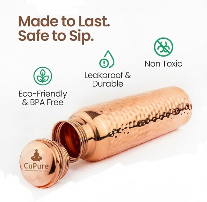 Pure Copper Water Bottle for Ayurvedic Health Benifit Pure Handmade Hammered Vessel for Drinking Heavy Duty & Leak-proof 34oz