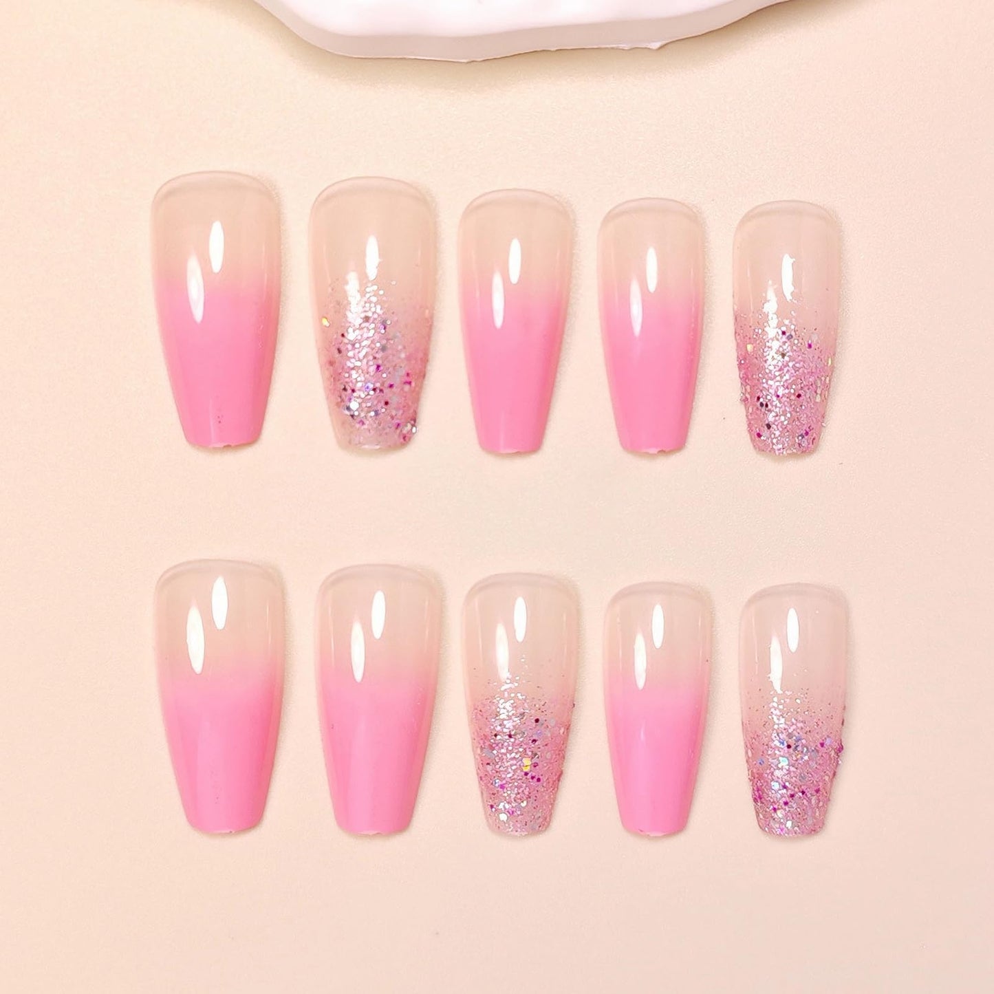 MISUD Press on Nails - Long Coffin Fake Nails with Pink Ombre, Acrylic Bling Glitter Design 24 pcs