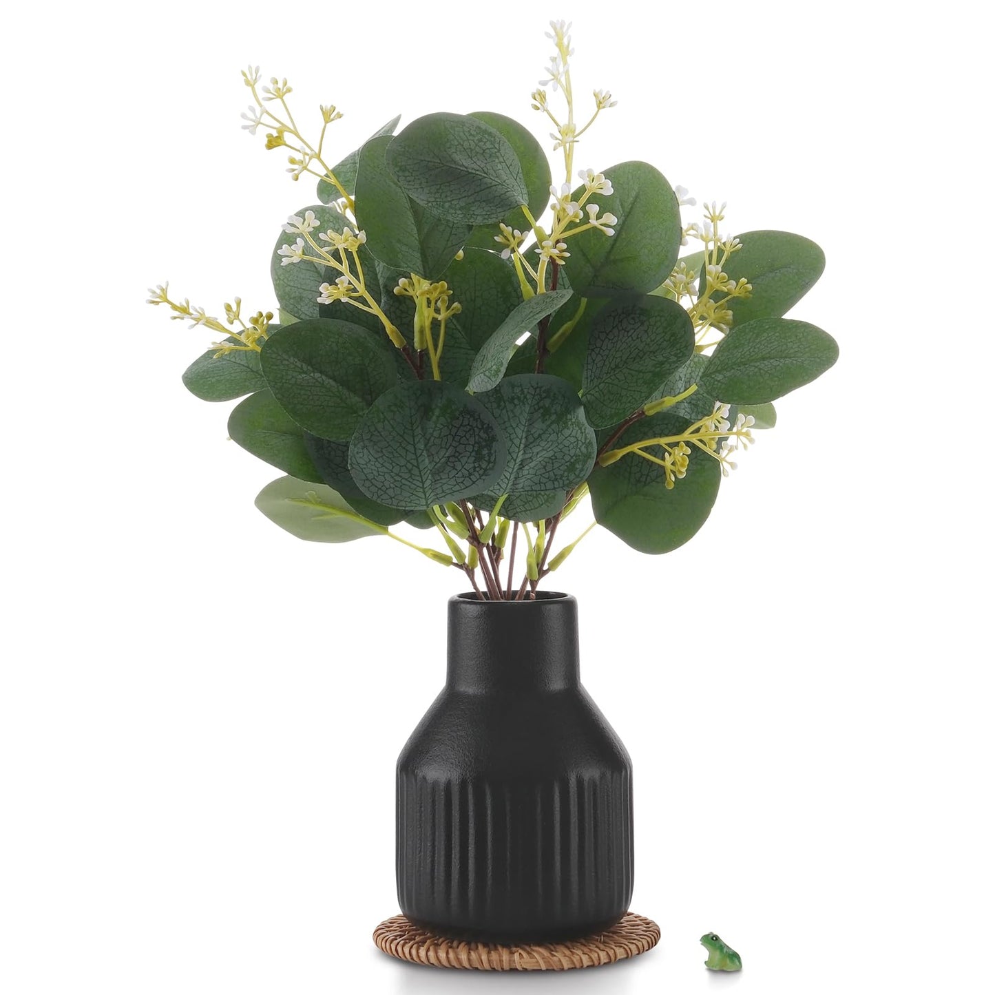 Artificial Eucalyptus Greenery Stems in Ceramic Vase,10Pcs Fake Plants Eucalyptus Leaves faux Plants for Centerpiece Table Decorations Home Room Decor office desk decor Greenery Decor indoor (Black)