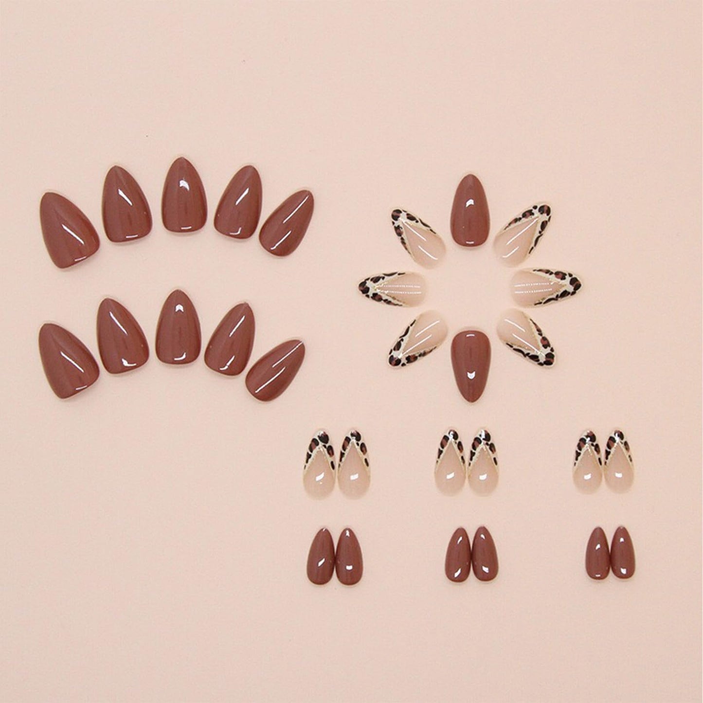 CLYHLTMZ Short Almond French Tips Press on Nails Gold Glitter Striped False Nails with Leopard Print Designs Brown Full Cover Glue on Nails Removable Acrylic Stick on Nails For Women 24 Pcs