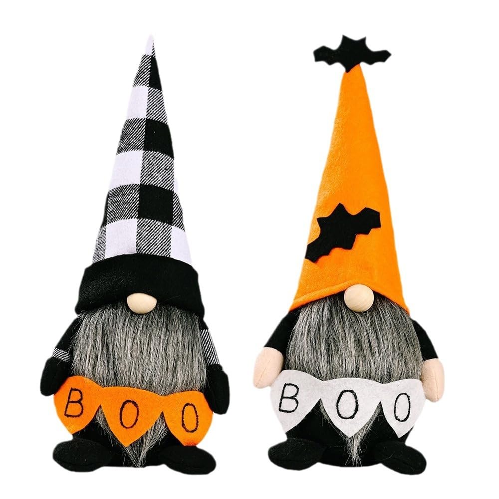 Halloween Gnomes Decoration 2 Pack Figures- 10.6'' Plush Gnome Decorations with Boo & Bat Designs, Cute Home Decor for Bookshelf, Window, Porch, Party, Halloween New Year Gift (Boo & Bat Gnomes)