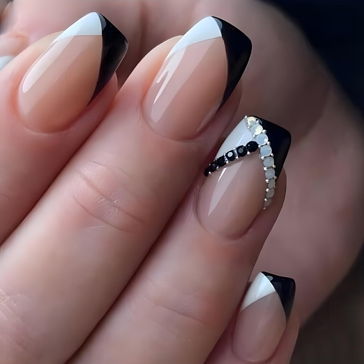 BABALAL Square Press on Nails Short French Tip Fake Nails Black White Design with Rhinestone Bling Luxury Clean Fit Trendy False Nails Manicure Acrylic Supplies