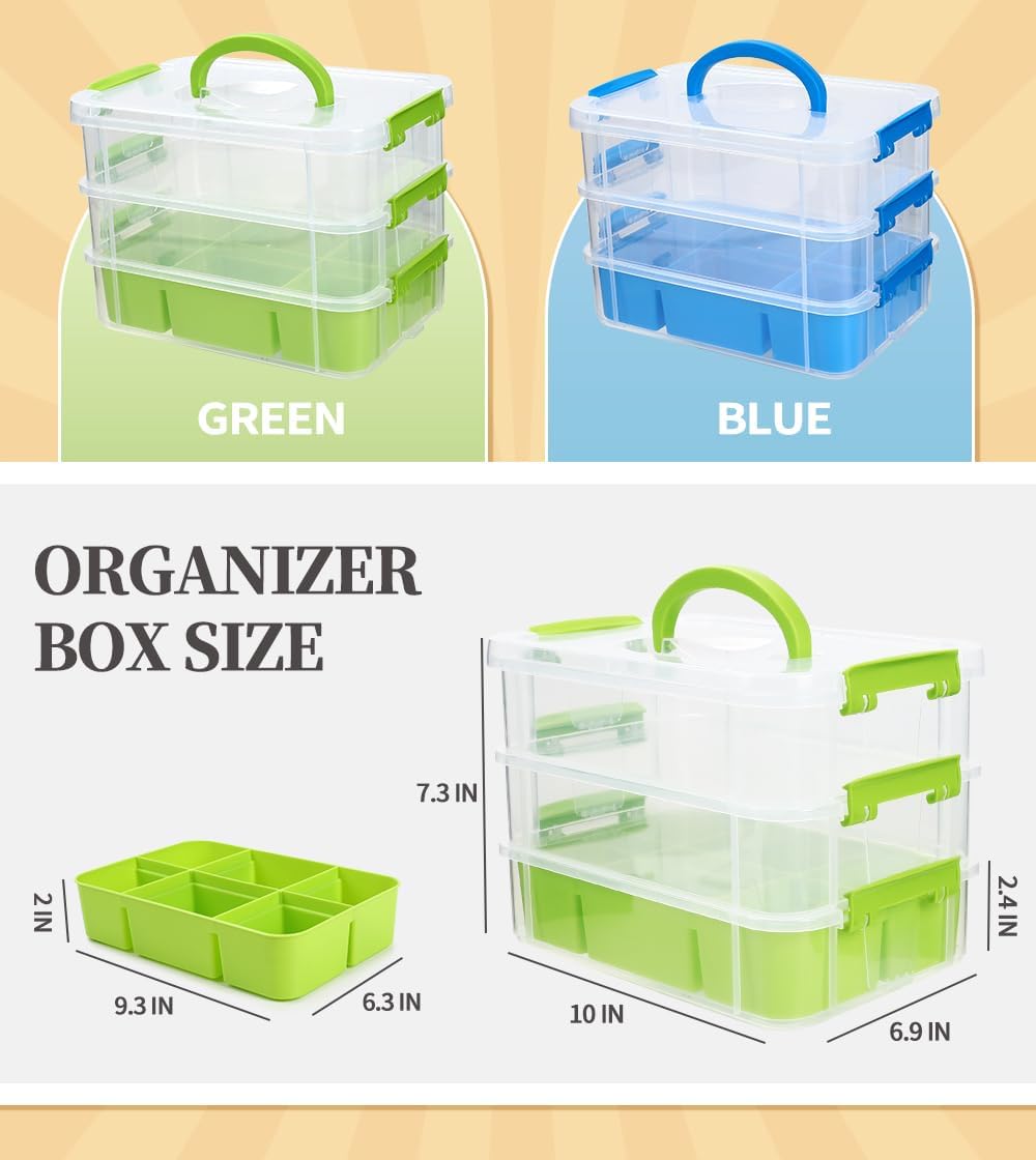 Eppingwin 3 Layers Craft Storage Box, Storage Bins with Lids, Plastic Storage Container Box with Removable Bin, Organizer for Tools, Beads, Sewing (Green)