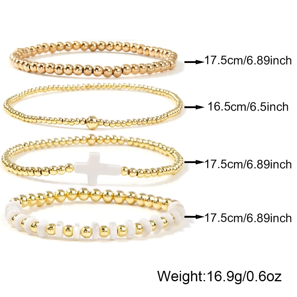 Bohxantium Gold Beaded Bracelets for Women - Stackable Cross Bracelet Stretch Gold Beads Stack Handmade Boho Dainty Non Tarnish Religious Jewelry Trendy Summer Friendship Christian Gift for Women