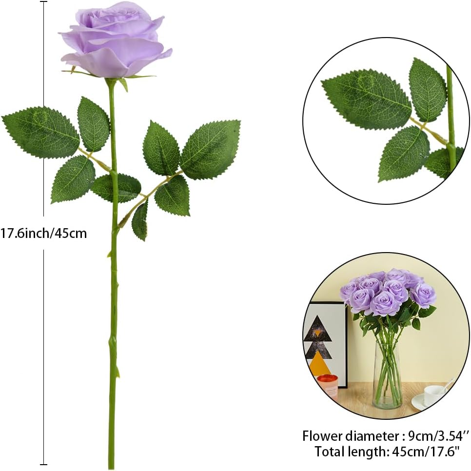 12pcs Light Lavender Roses Artificial Flowers Fake Roses Silk Flowers Roses with Long Stems for Wedding Home Party Centerpieces Decorations