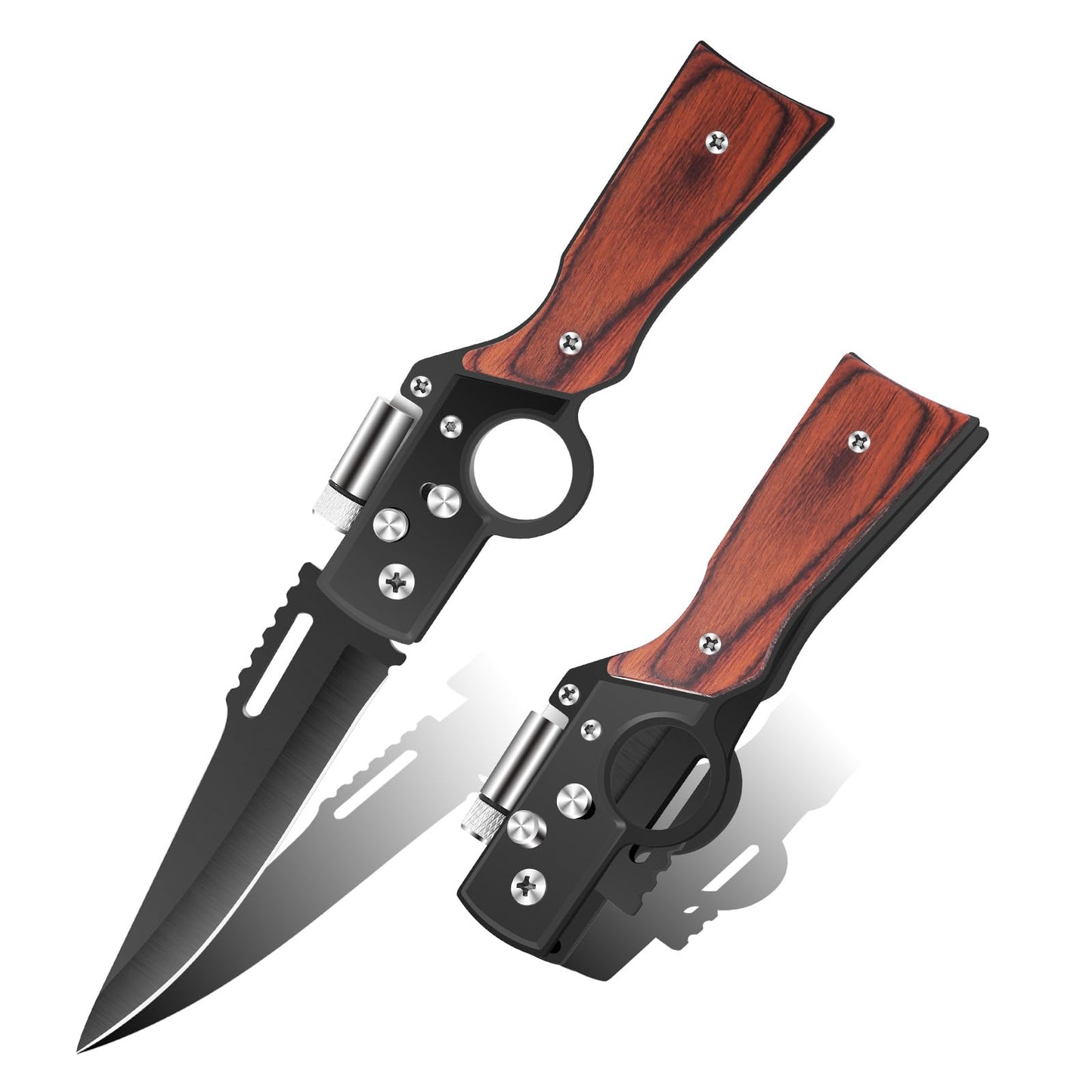 Uninuou AK47 Style Tactical Folding Pocket Knife （Black）– EDC Gift for Men with LED Light, Wood Handle & Pocket Clip, Laser Engraving Ready, Outdoor Camping Hiking Gear (1)