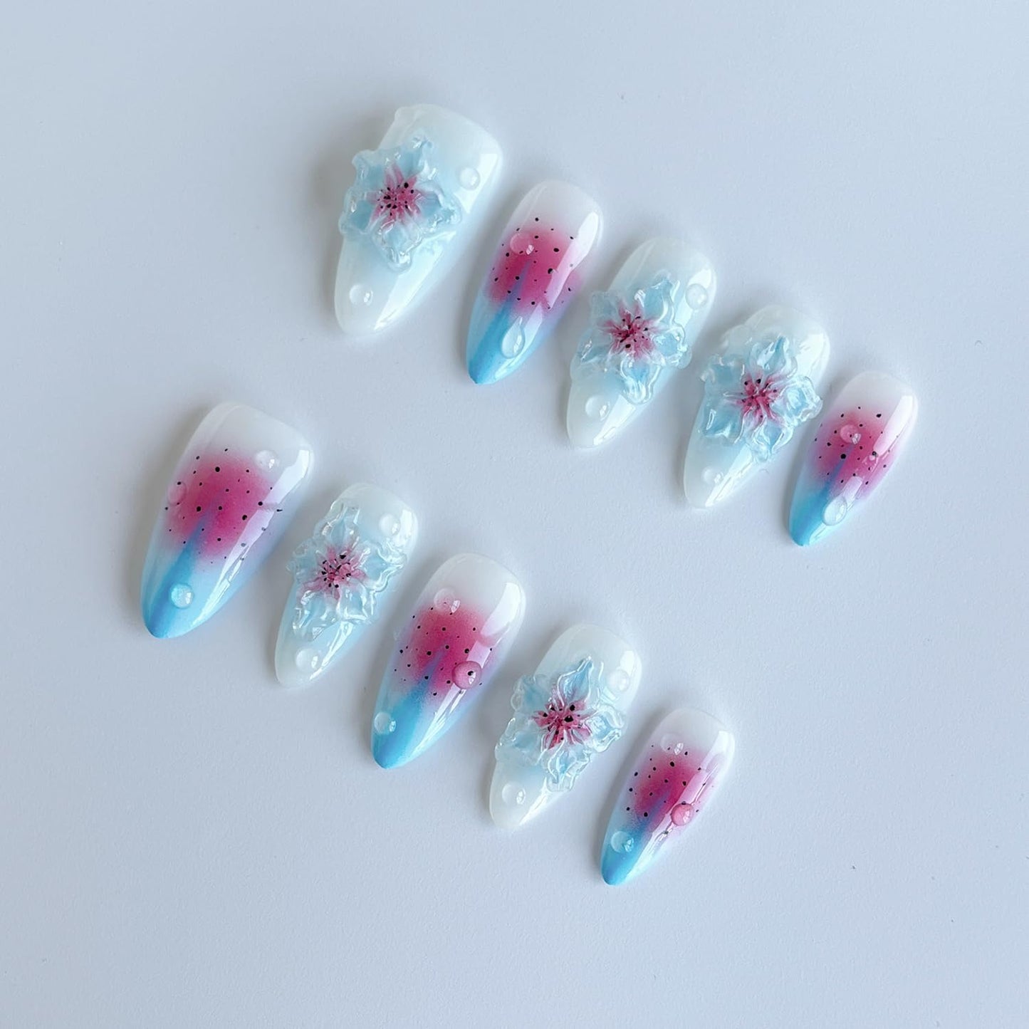 Luxury Press on Nails Medium Almond Handmade 3D Unique Reusable ABS Material Fake Nails Blue False Nails with Designs Water Drop Pink&Blue Flower Art Petal Glossy Thick Acrylic Nails(M)