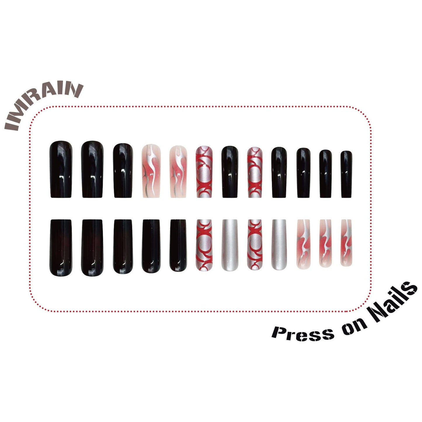 IMRAIN Press on Nails Long Square Fake Nails with Silver Metal Flame, Red Ombre Designs Handmade Full Cover False Nails for Women Manicure Decoration 24Pcs