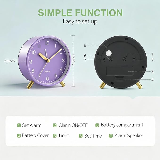 Analog Alarm Clock, Silent Non-Ticking with Night Light, Fashionable Round Metal Alarm Clock for Office, Battery Operated Alarm Clock for Bedroom, Elderly, Adults, Children, Student Gifts