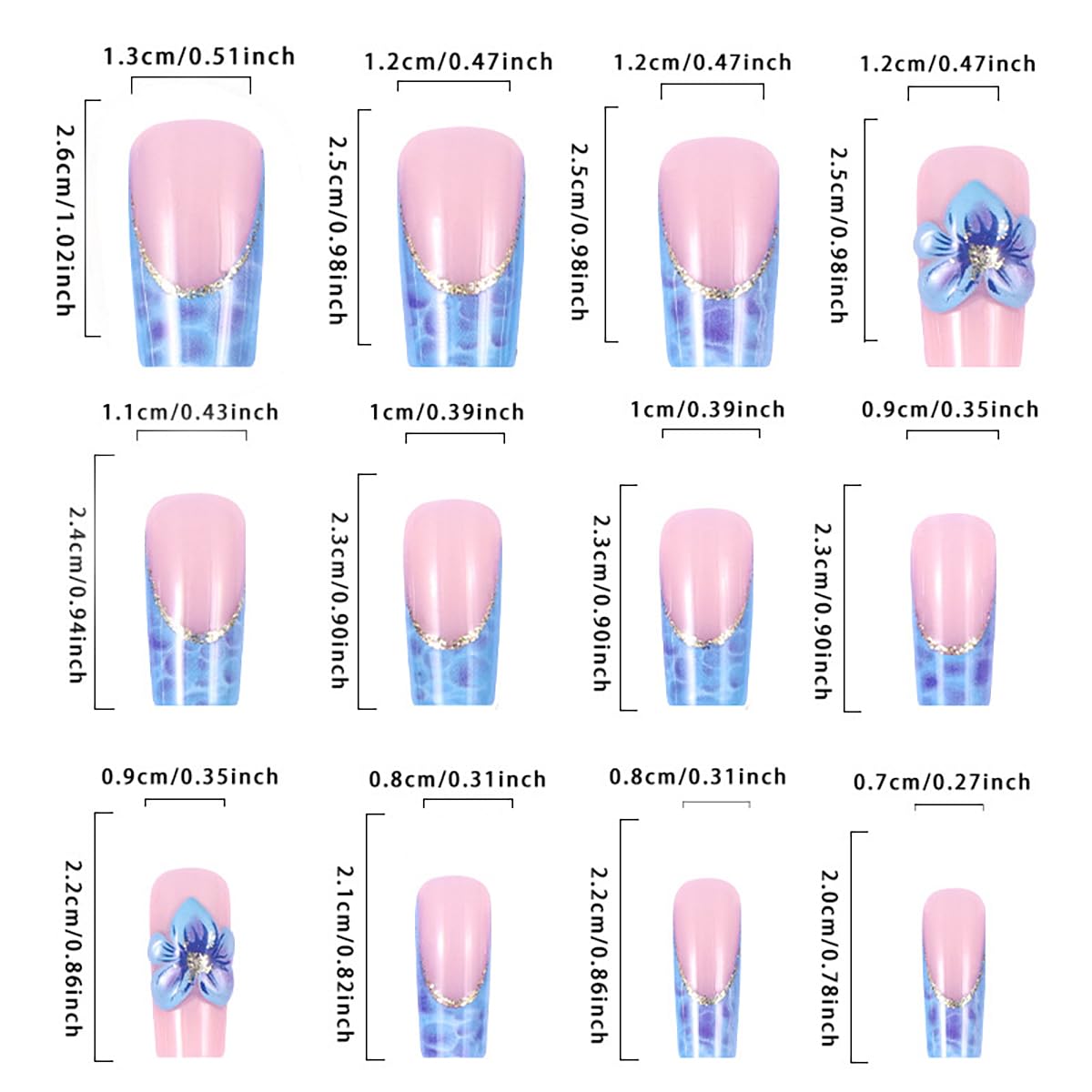 24Pcs Blue French Tip Press on Nails Medium Square Fake Nails Blue Flower Acrylic Nails Gold Glitter Nails Tip Design Summer Glue on Nails Cute False Nails 3D Floral Stick on Nails Decor for Women