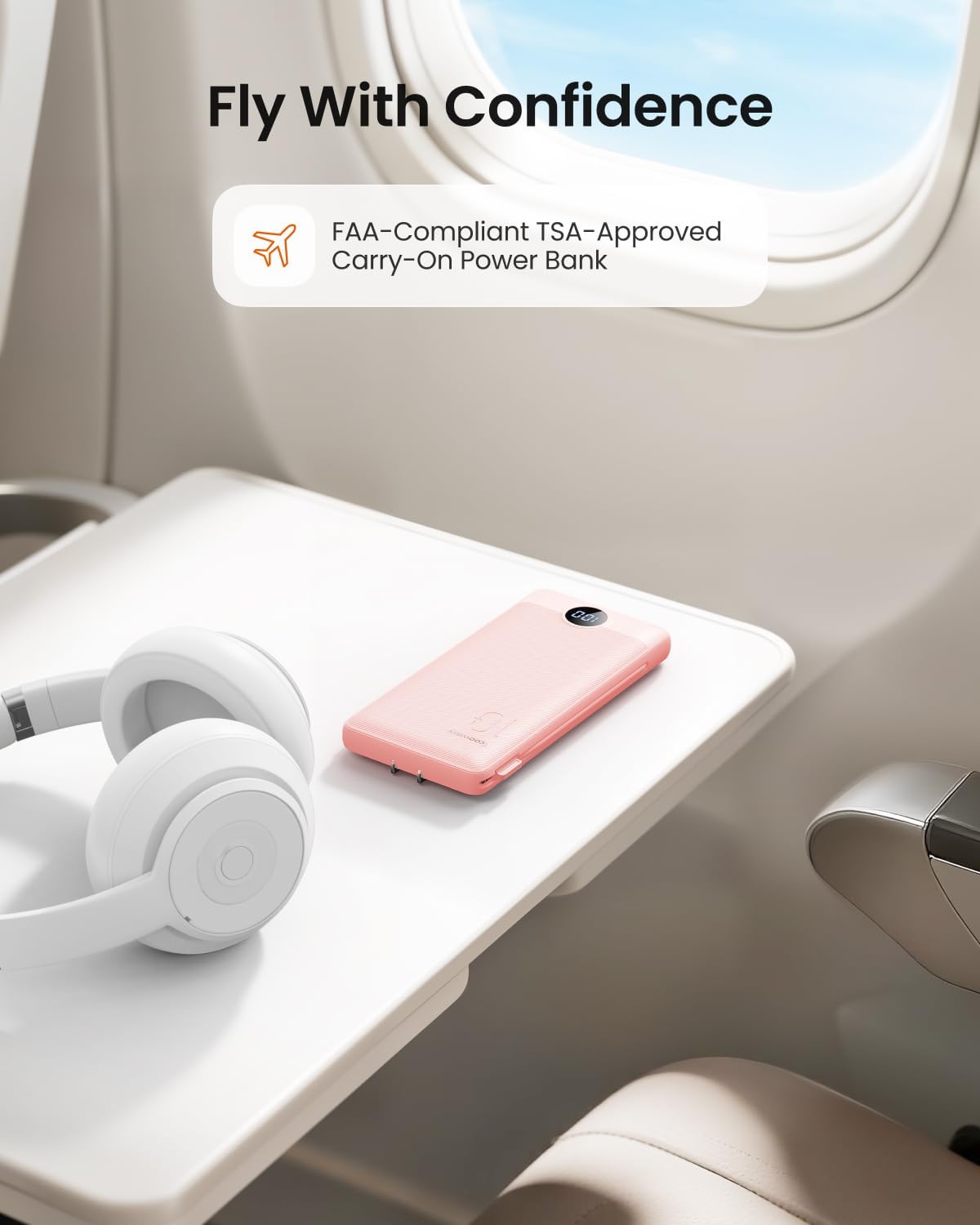 Coowisty Portable Charger Built-in Cables and Wall Plug, 10000mAh Slim USB C Power Bank, LED Display External Battery Pack Compatible with iPhone/Android & More (Pink)