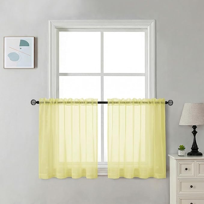 Chyhomenyc Short Sheer Curtains 30 inch Length 2 Panels - Light Filtering Voile Rod Pocket Window Curtians for Bathroom Living Room Farmhouse Small Windows, 42Wx30L inches, Light Yellow