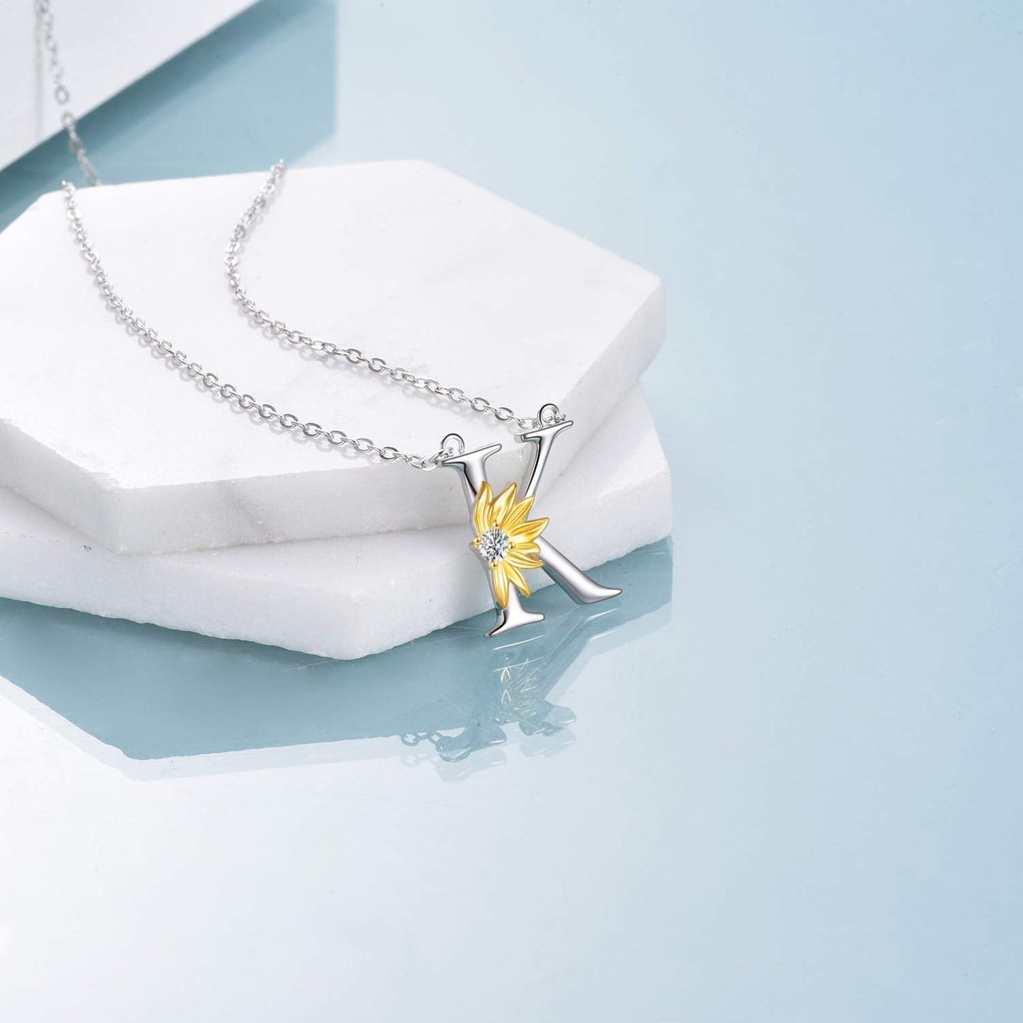 POPLYKE Sterling Silver Initial K Alphabet Letter Script Name Pendant Chain Necklace for Women for (Sunflower K)