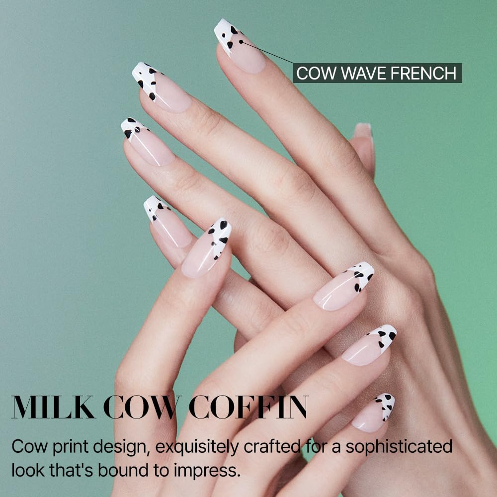 MUZMAK Reusable Press On Nails - Milk Cow - Long Coffin Press On Nails, Cow Print French Tip Fake Nails (Pack of 36)