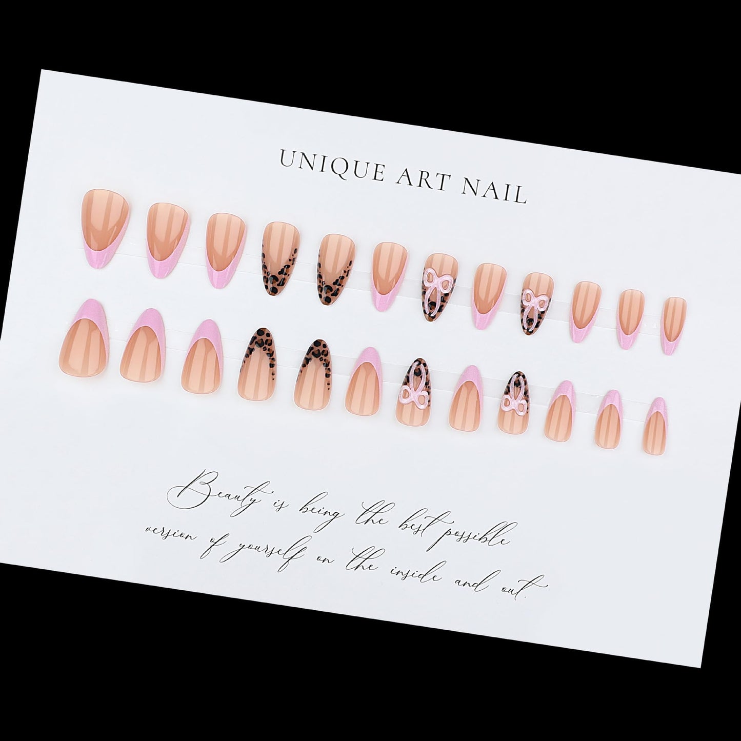 Pink Leopard Print Press on Nails Almond Shaped Fake Nails with 3D Bow Designs Leopard Print Tip Full Cover Stick on Nails Glossy Medium Glue on Nail Reusable Acrylic False Nails for Women 24Pcs