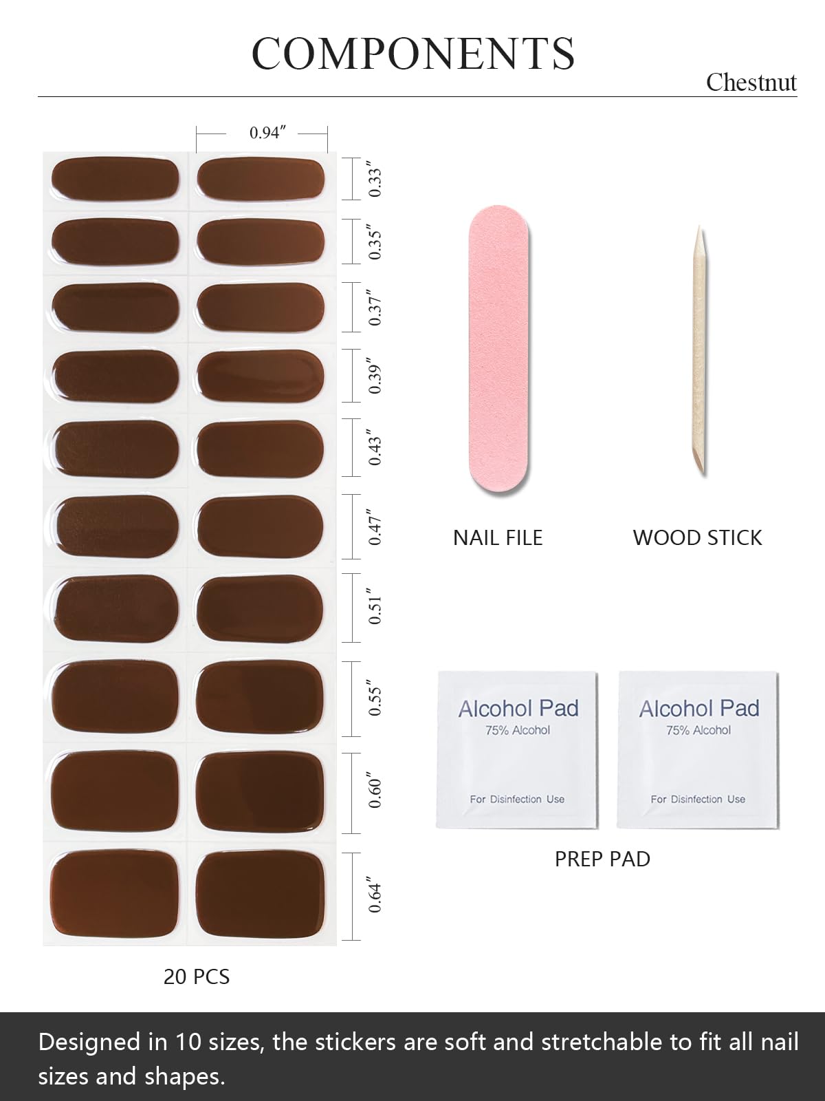 AutyaMee Semi Cured Gel Nail Strips (Chestnut), Dark Brown, 20 Pcs Gel Nail Wraps, Stickers, UV Light Required, Salon Quality, Long Lasting