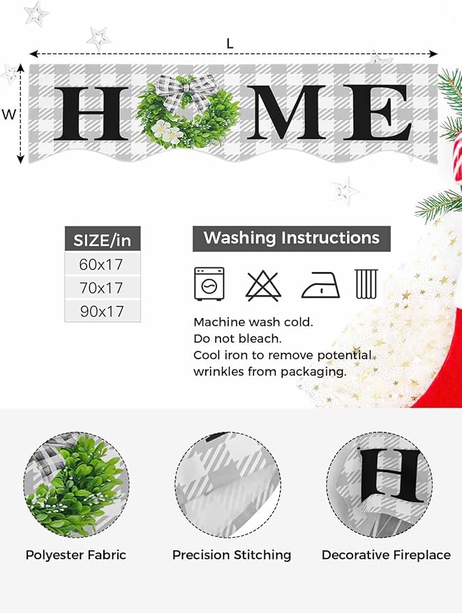 Rustic Home Fireplace Mantel Scarf Table Runner,Green Eucalyptus Leaves Wreath Wooden Plaid Winter Garland Mantel Top Tablerunners Dresser Scarves Cover for Windows Party Living Room 70"x17"