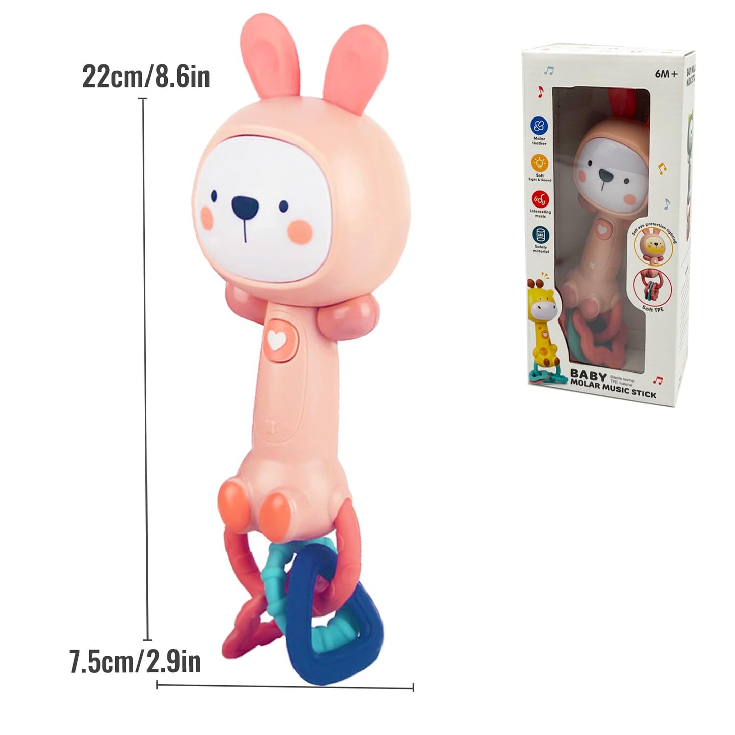 WHNKFB Soft Pink Bunny Baby Musical Rattle Toy - Light-Up Teether & Sensory Chew, BPA-Free Soft Rubber, Baby Shower & 1st Birthday Gift for 6-18 Months 1+ Year Old