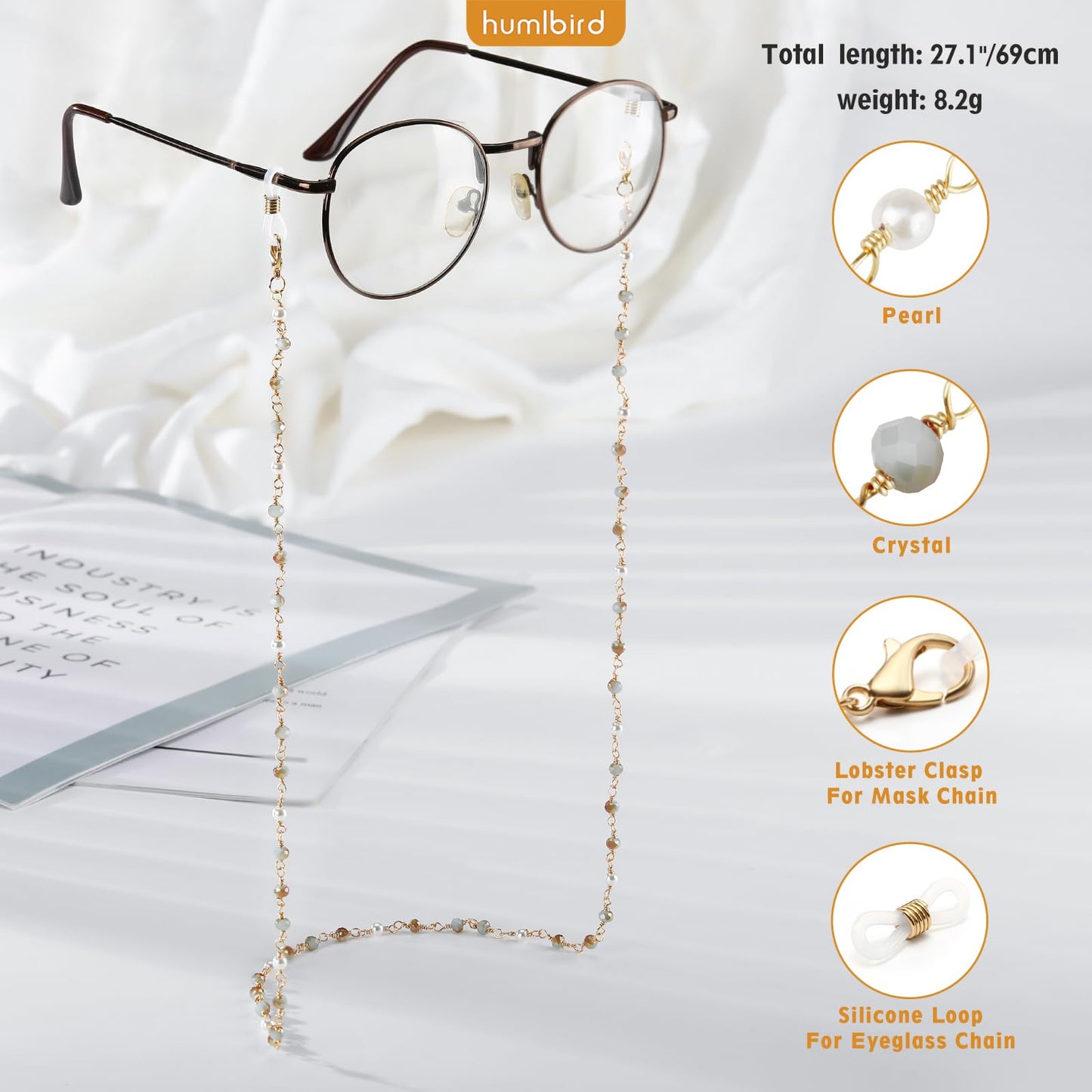 humlbird Eyeglasses Chain for Women Stylish Mask Lanyard Natural Crystal Mask Chain Eye Glasses Holder Strap Around Neck