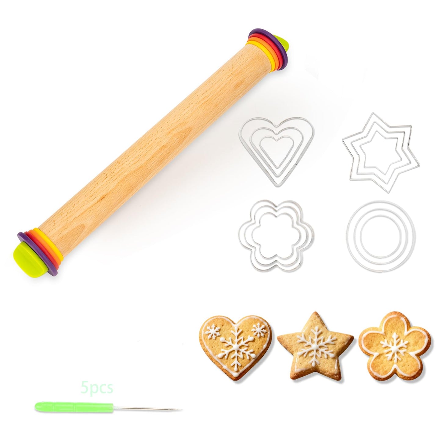 Adjustable Rolling Pin with Thickness Rings, Wooden Dough Roller & 12 Stainless Steel Cookie Cutters Set – 5-in-1 Baking Kit for Pizza, Fondant, Pie, Cookies, Pastry, 17" Non-Stick Wood