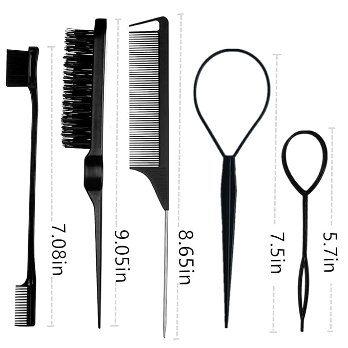 5Pcs Slick Back Brush Set with Topsy Tail Tool, Teasing Bristle, Rat Comb for Women & Girls Hair Styling, Flyaways Control and Edge Combing - BIACK