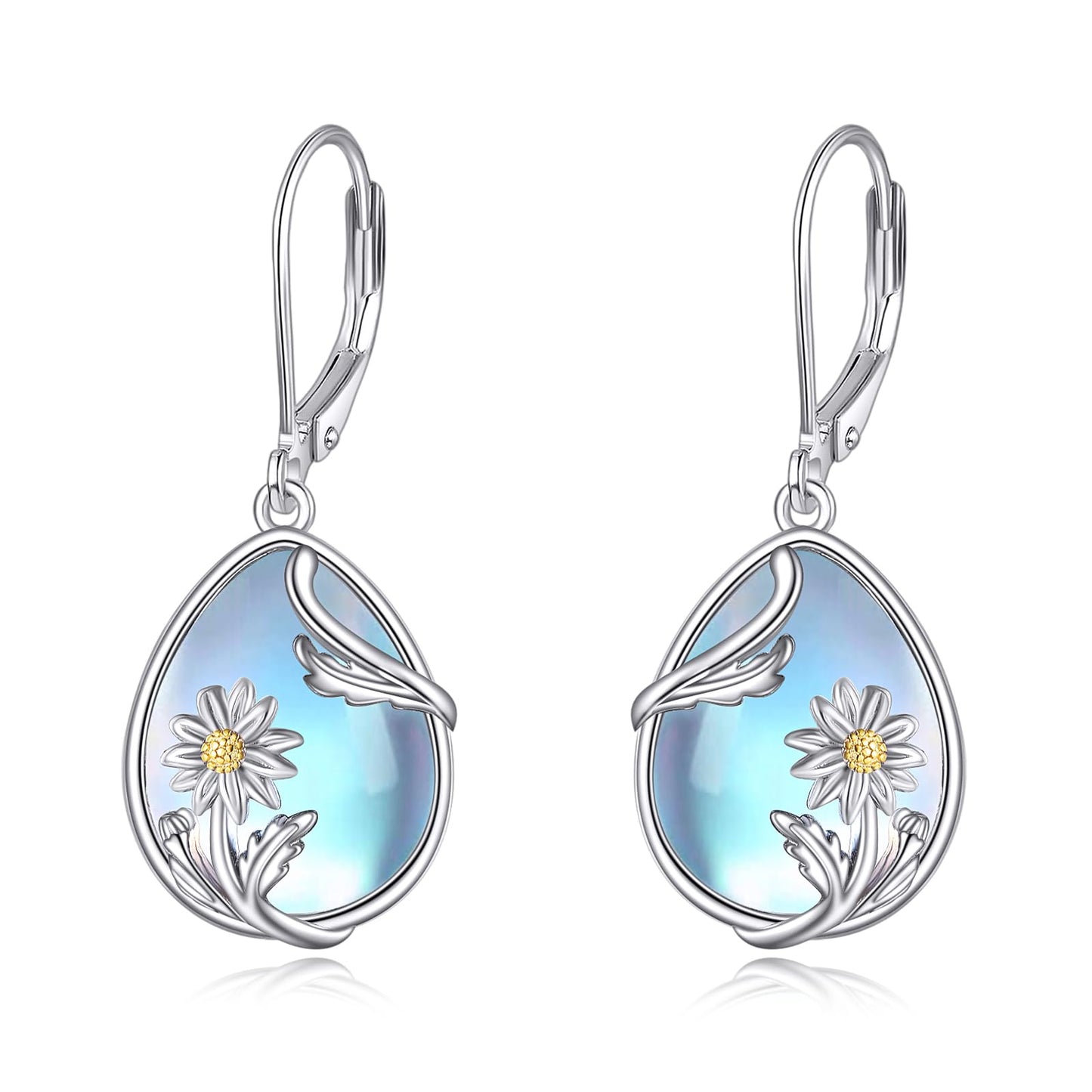 YFN Daisy Flower Moonstone Earrings 925 Sterling Silver Flower Moonstone Drop Leverback Earrings Jewelry