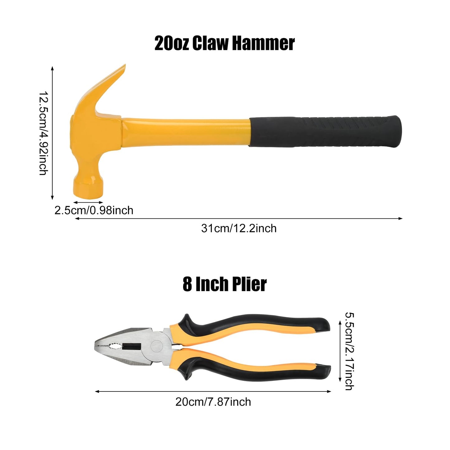 Plier Hammer Tool Set, 8 Inch Lineman’s Plier with Wire Cutter Heavy Duty Claw Hammer with Nonslip Handle