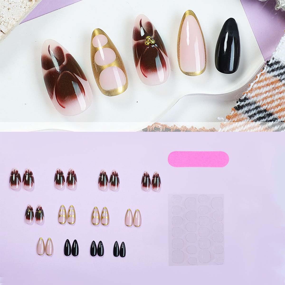 Medium Almond Press On Nails Brown Fake Nails Flower With Golden Beads Design Acrylic Full Cover Nails Artificial Nails Glossy Glue On Nails Stick On Nails For Women Manicure 24pcs
