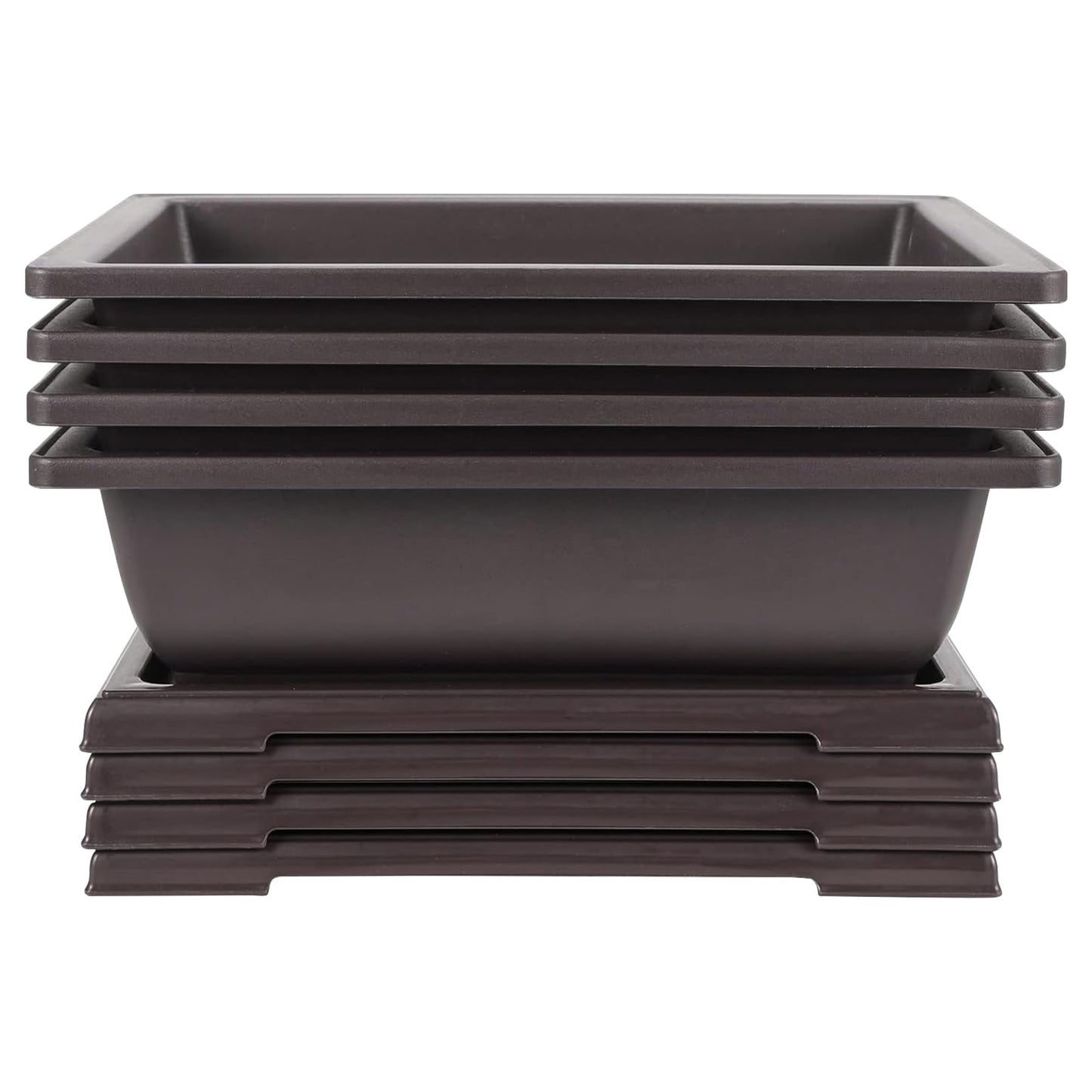 JEUIHAU 4 Pack 14 Inch Bonsai Training Pots with Tray, Rectangular Plant Pot with Drainage Hole, Brown Bonsai Tree Pot, Plastic Bonsai Planter Pots for Succulent, Herb, Flower, Potted Plant