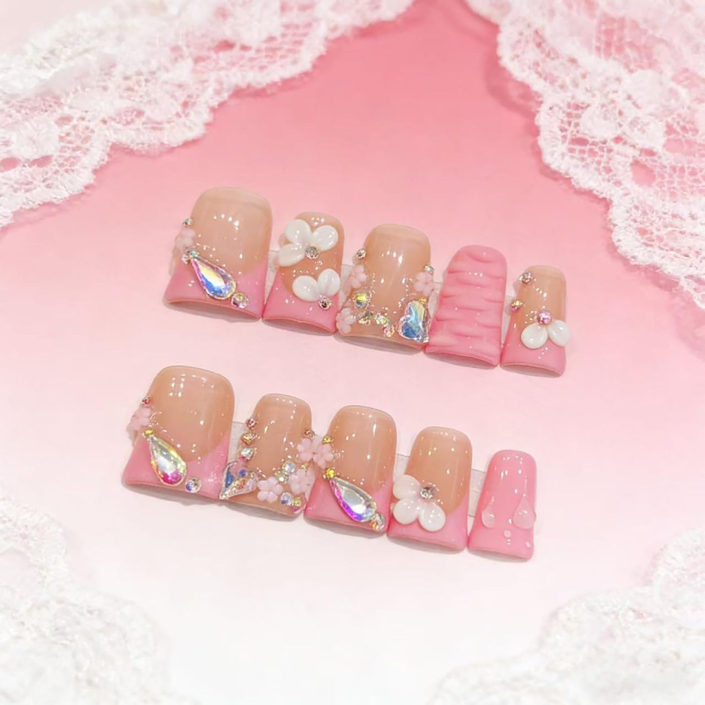 10 Pcs Press on Nails Handmade Duck Glue on Nails Pink French Tip with 3d Sparkling Diamond Design Handmade Acrylic Nails Elegant for Women for Spring Summer (S)
